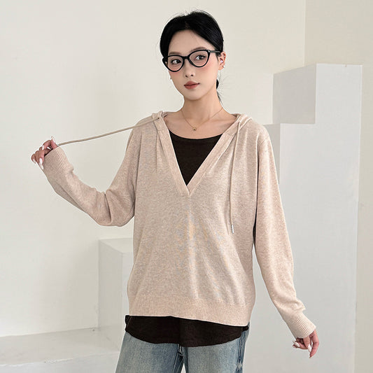 Chic Oversized Hooded Knit Sweater for Women False Two-Piece Design Loose Fit Fashionable and Youthful Casual Wear