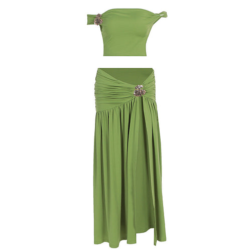 One shoulder metal decorative top with split and pleated skirt set