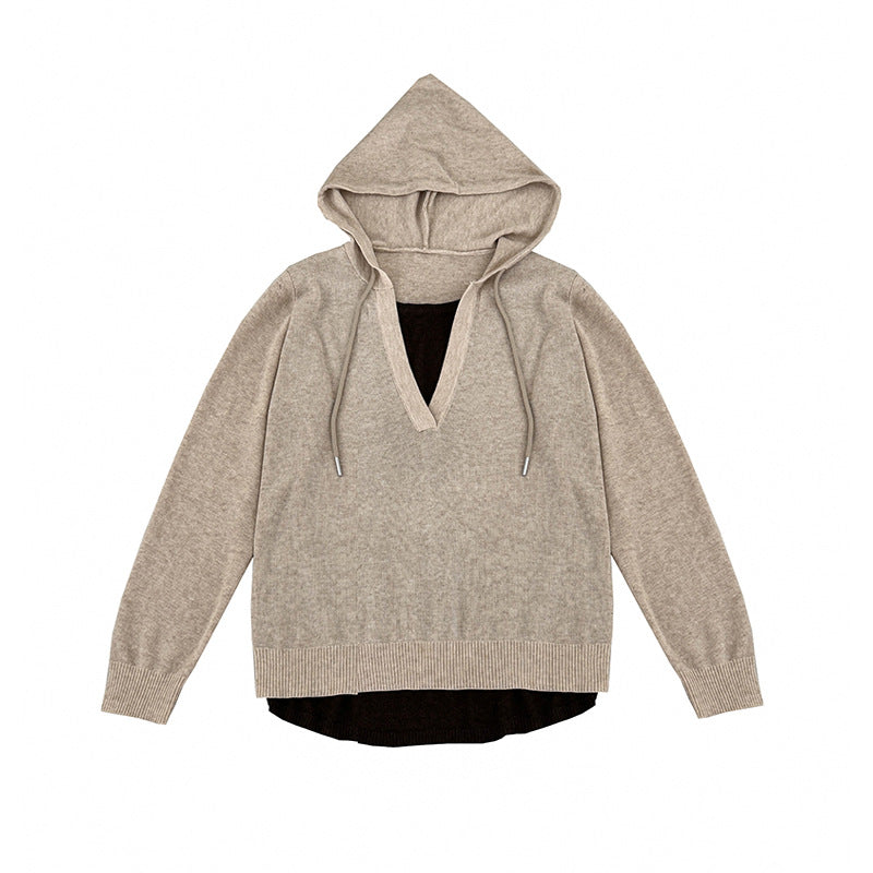 Chic Oversized Hooded Knit Sweater for Women False Two-Piece Design Loose Fit Fashionable and Youthful Casual Wear