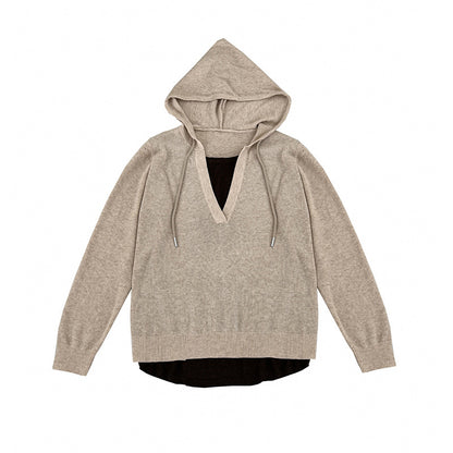 Chic Oversized Hooded Knit Sweater for Women False Two-Piece Design Loose Fit Fashionable and Youthful Casual Wear