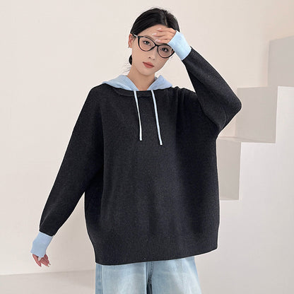 Fashionable Loose Knit Hooded Color-Blocked Sweater for Women Plus Size Casual Long Top
