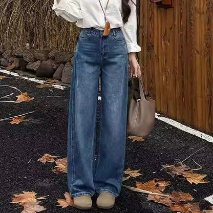 Vintage Washed Knife-Edge Jeans Women High Waist Slimming Loose Wide Leg Pants Casual Trousers Versatile
