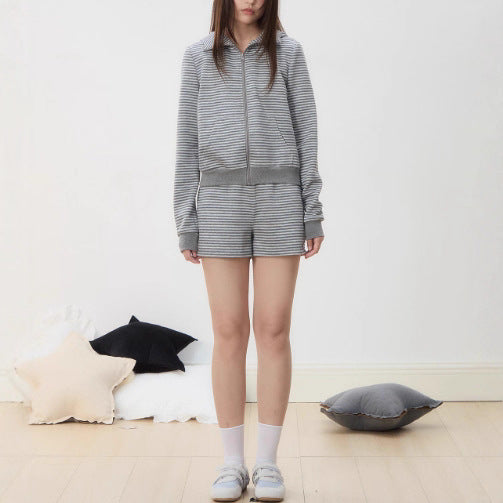 Gray Stripe Set Casual Loose Fit Lazy Outfit Stripe Hoodie and Shorts Set for Women