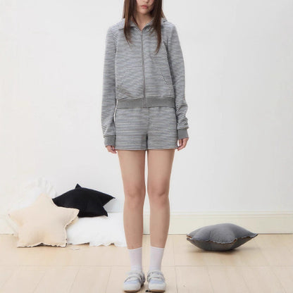 Gray Stripe Set Casual Loose Fit Lazy Outfit Stripe Hoodie and Shorts Set for Women