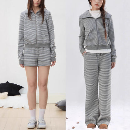 Gray Stripe Set Casual Loose Fit Lazy Outfit Stripe Hoodie and Shorts Set for Women