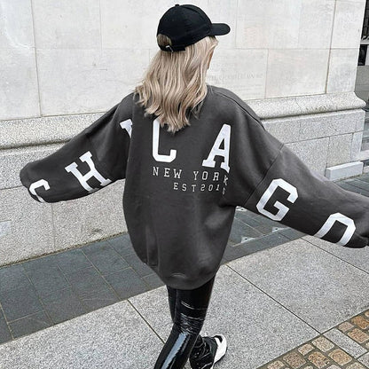Versatile casual round neck loose letter printed long sleeved sweatshirt for women