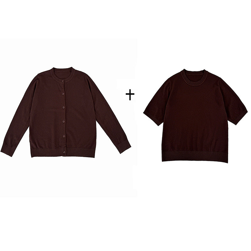 Casual Korean Style Loose Fit Knit Sweater Set with Short Sleeve Cardigan for Women