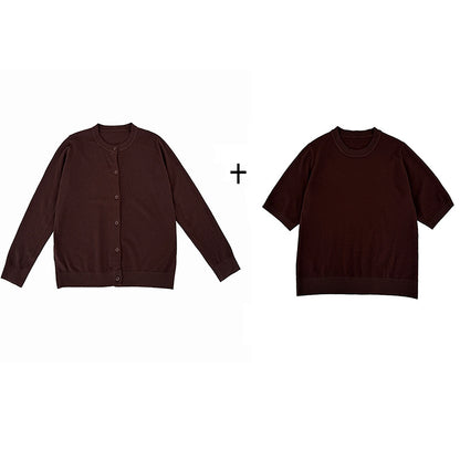 Casual Korean Style Loose Fit Knit Sweater Set with Short Sleeve Cardigan for Women