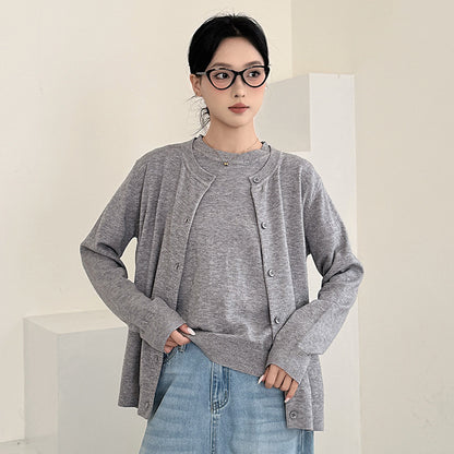 Casual Korean Style Loose Fit Knit Sweater Set with Short Sleeve Cardigan for Women
