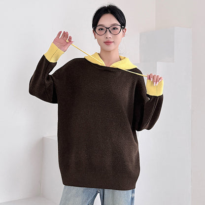 Fashionable Loose Knit Hooded Color-Blocked Sweater for Women Plus Size Casual Long Top
