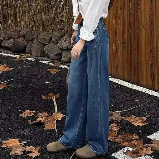 Vintage Washed Knife-Edge Jeans Women High Waist Slimming Loose Wide Leg Pants Casual Trousers Versatile