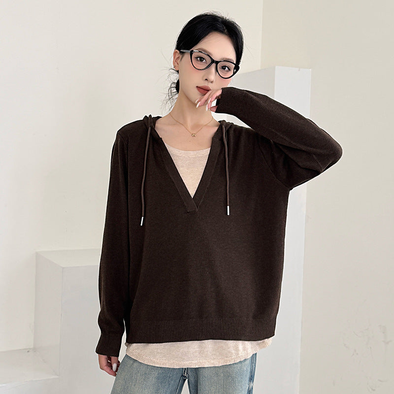 Chic Oversized Hooded Knit Sweater for Women False Two-Piece Design Loose Fit Fashionable and Youthful Casual Wear