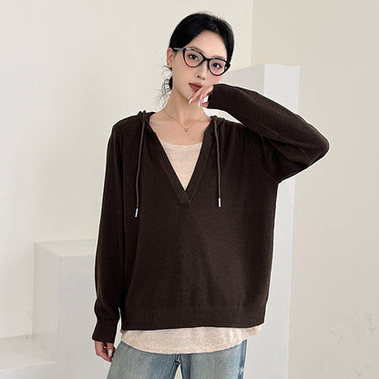 Chic Oversized Hooded Knit Sweater for Women False Two-Piece Design Loose Fit Fashionable and Youthful Casual Wear