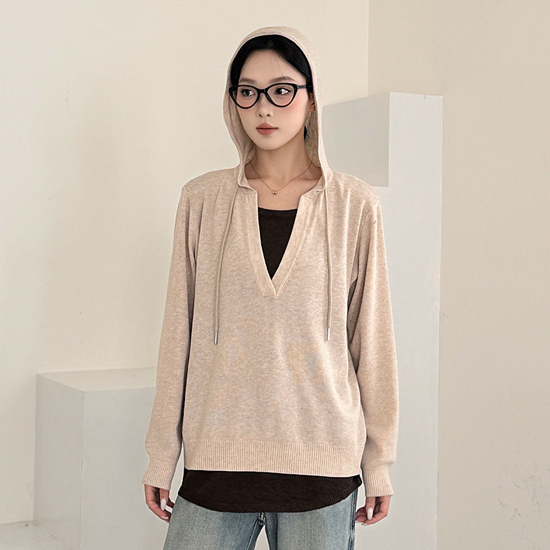 Chic Oversized Hooded Knit Sweater for Women False Two-Piece Design Loose Fit Fashionable and Youthful Casual Wear