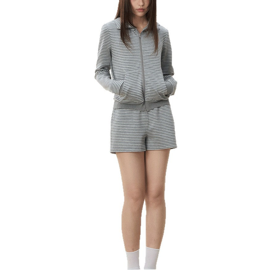 Gray Stripe Set Casual Loose Fit Lazy Outfit Stripe Hoodie and Shorts Set for Women