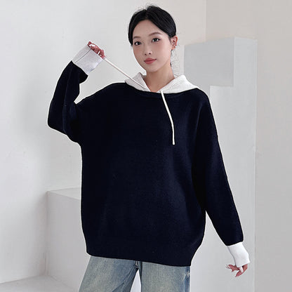 Fashionable Loose Knit Hooded Color-Blocked Sweater for Women Plus Size Casual Long Top