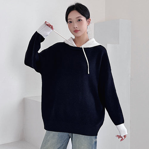 Fashionable Loose Knit Hooded Color-Blocked Sweater for Women Plus Size Casual Long Top