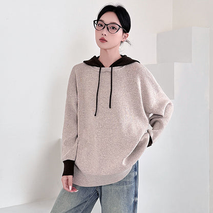 Fashionable Loose Knit Hooded Color-Blocked Sweater for Women Plus Size Casual Long Top