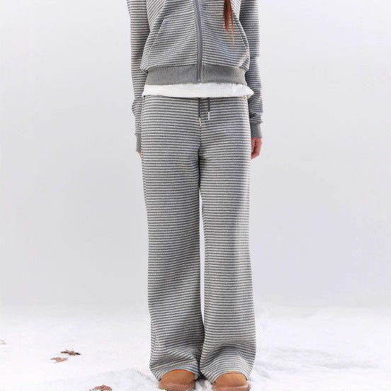 Gray Stripe Set Casual Loose Fit Lazy Outfit Stripe Hoodie and Shorts Set for Women