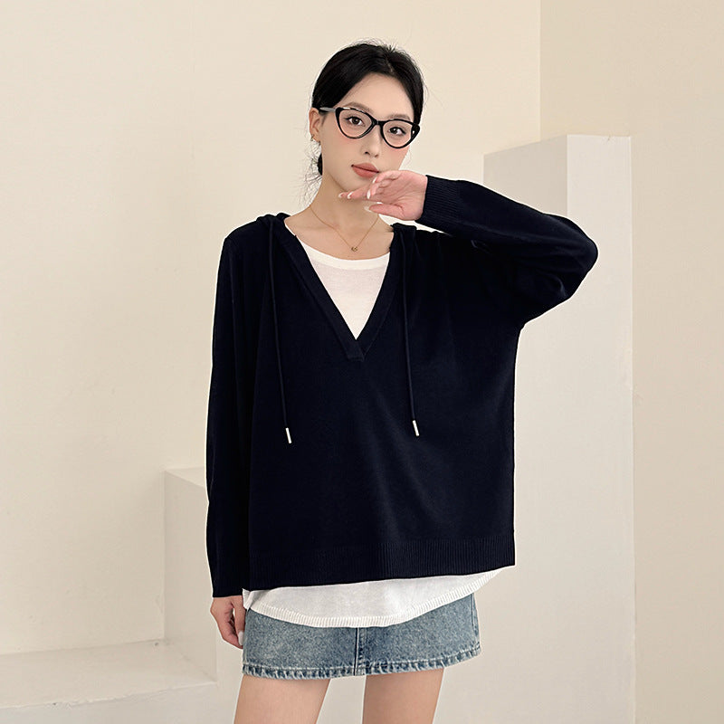Chic Oversized Hooded Knit Sweater for Women False Two-Piece Design Loose Fit Fashionable and Youthful Casual Wear
