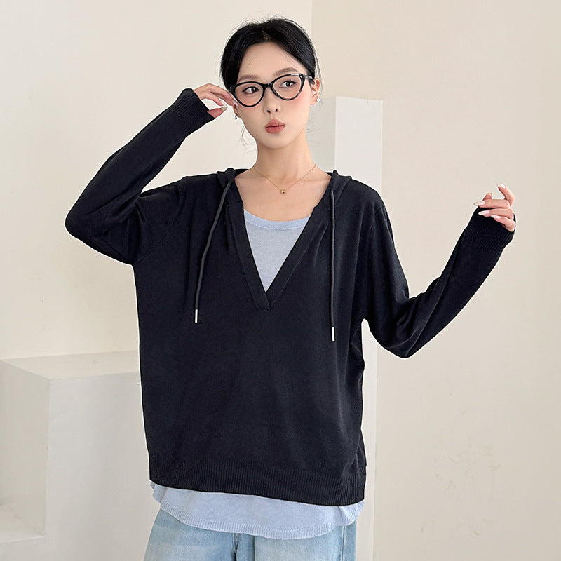 Chic Oversized Hooded Knit Sweater for Women False Two-Piece Design Loose Fit Fashionable and Youthful Casual Wear