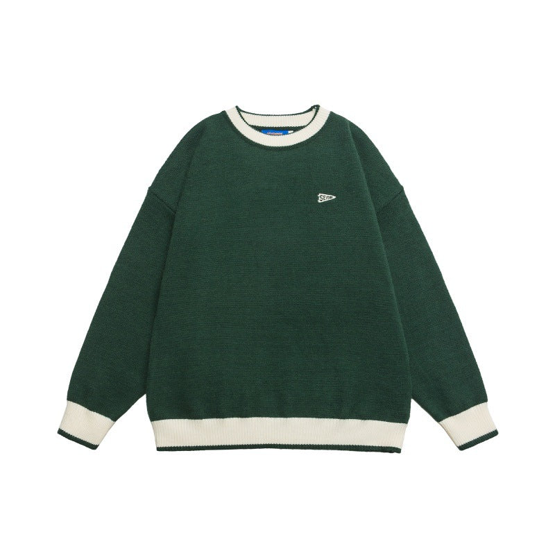 Casual Color-blocked Loose Knit Sweater Crewneck Unisex Matching Pullover
