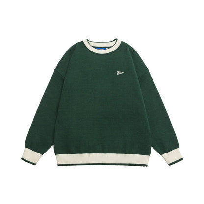 Casual Color-blocked Loose Knit Sweater Crewneck Unisex Matching Pullover