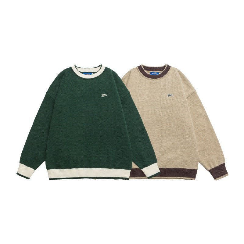 Casual Color-blocked Loose Knit Sweater Crewneck Unisex Matching Pullover
