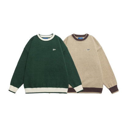 Casual Color-blocked Loose Knit Sweater Crewneck Unisex Matching Pullover