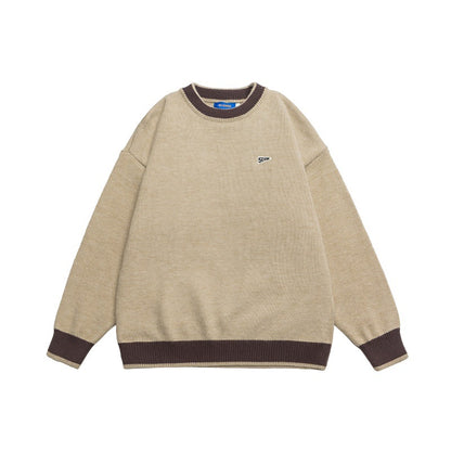 Casual Color-blocked Loose Knit Sweater Crewneck Unisex Matching Pullover