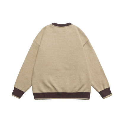 Casual Color-blocked Loose Knit Sweater Crewneck Unisex Matching Pullover