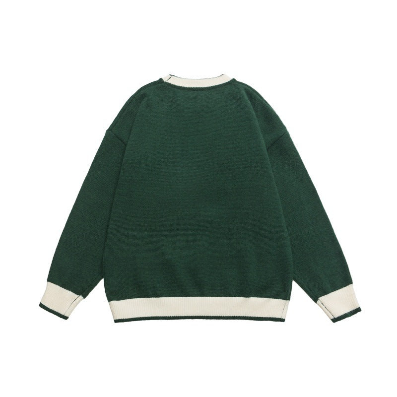 Casual Color-blocked Loose Knit Sweater Crewneck Unisex Matching Pullover