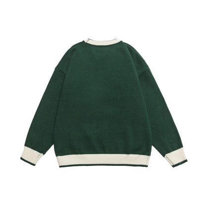 Casual Color-blocked Loose Knit Sweater Crewneck Unisex Matching Pullover