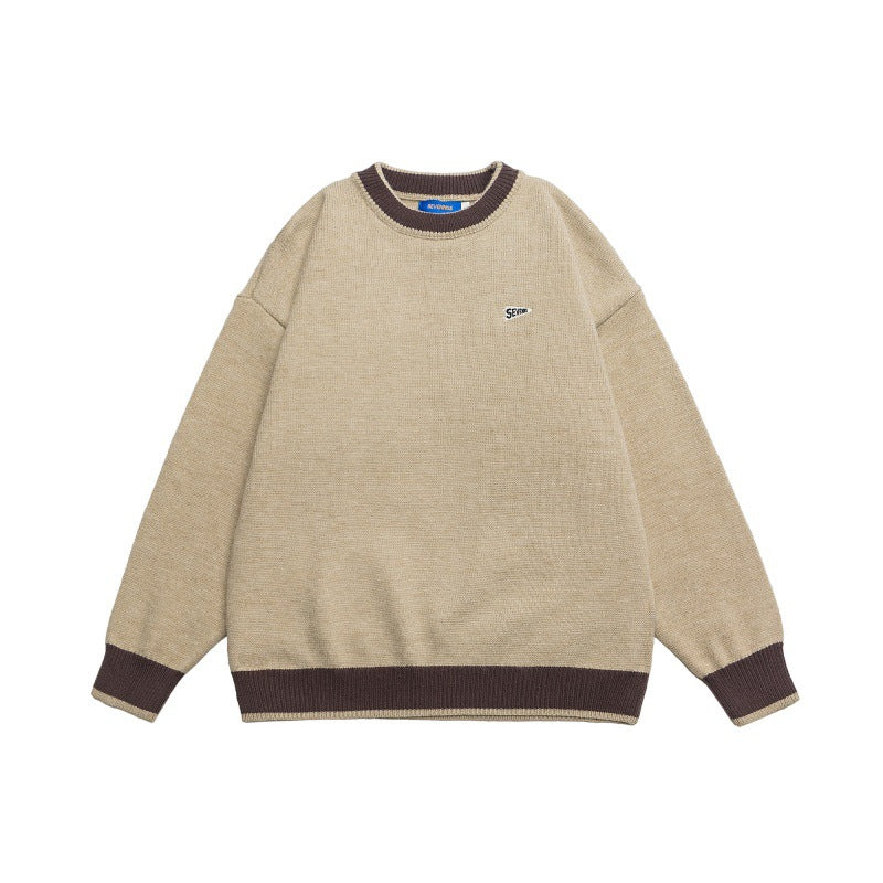 Casual Color-blocked Loose Knit Sweater Crewneck Unisex Matching Pullover