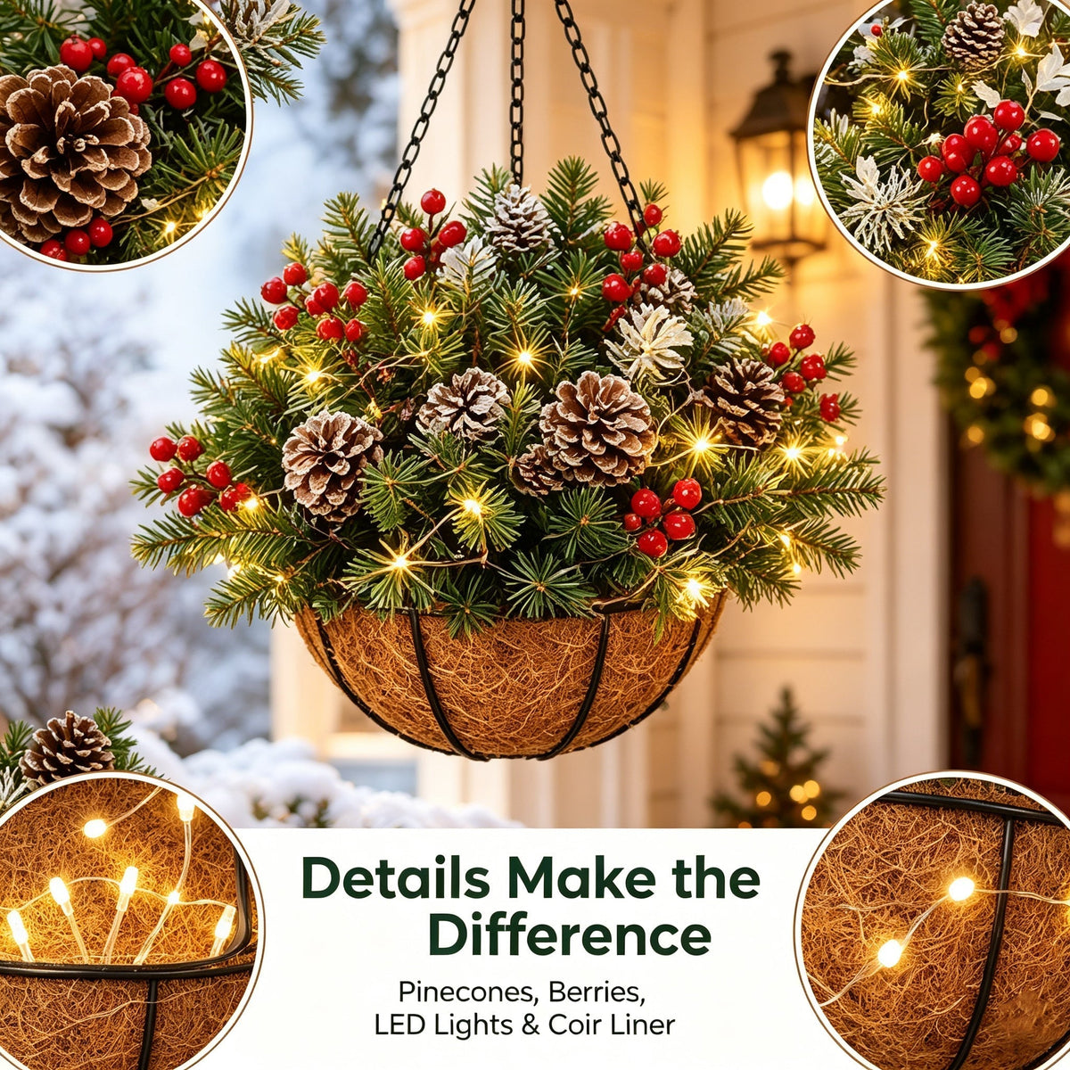 Pre-Lit Christmas Hanging Basket |🎄 Pre-lit, weather-resistant, and zero maintenance